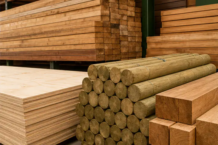 Tábuas, madeirites, pontaletes e vigamentos para construção